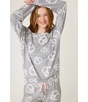 Pj Salvage Long Sleeve Round Neck Heart Peace Sign Peachy Knit Pajama Set