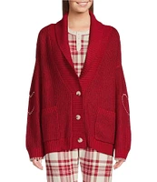 PJ Salvage Long Sleeve Shawl Collar Sweater Knit Cross-Stitch Heart Cardigan