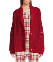 PJ Salvage Long Sleeve Shawl Collar Sweater Knit Cross-Stitch Heart Cardigan