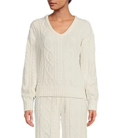 PJ Salvage Long Sleeve V-Neck Chenille Cable Knit Coordinating Sleep Top