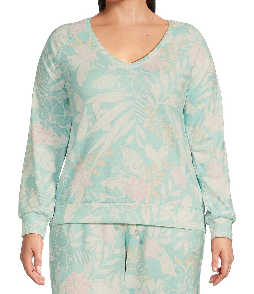 PJ Salvage Plus Size Long Sleeve V-Neck Peachy Knit Floral Print Coordinating Sleep Top