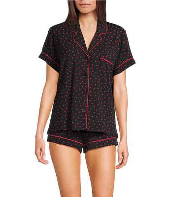 Pj Salvage Short Sleeve Notch Collar Jersey Knit Heart Print Shorty Pajama Set