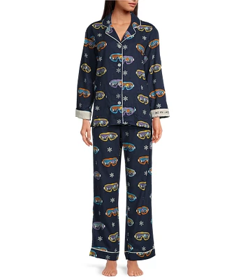 PJ Salvage Ski Goggle Print #double;Ski You Later#double; Embroidered Long Sleeve Notch Collar Flannel Pajama & Headband Holiday Set