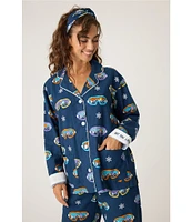 PJ Salvage Ski Goggle Print #double;Ski You Later#double; Embroidered Long Sleeve Notch Collar Flannel Pajama & Headband Holiday Set