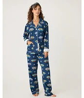 PJ Salvage Ski Goggle Print #double;Ski You Later#double; Embroidered Long Sleeve Notch Collar Flannel Pajama & Headband Holiday Set