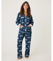 PJ Salvage Ski Goggle Print #double;Ski You Later#double; Embroidered Long Sleeve Notch Collar Flannel Pajama & Headband Holiday Set