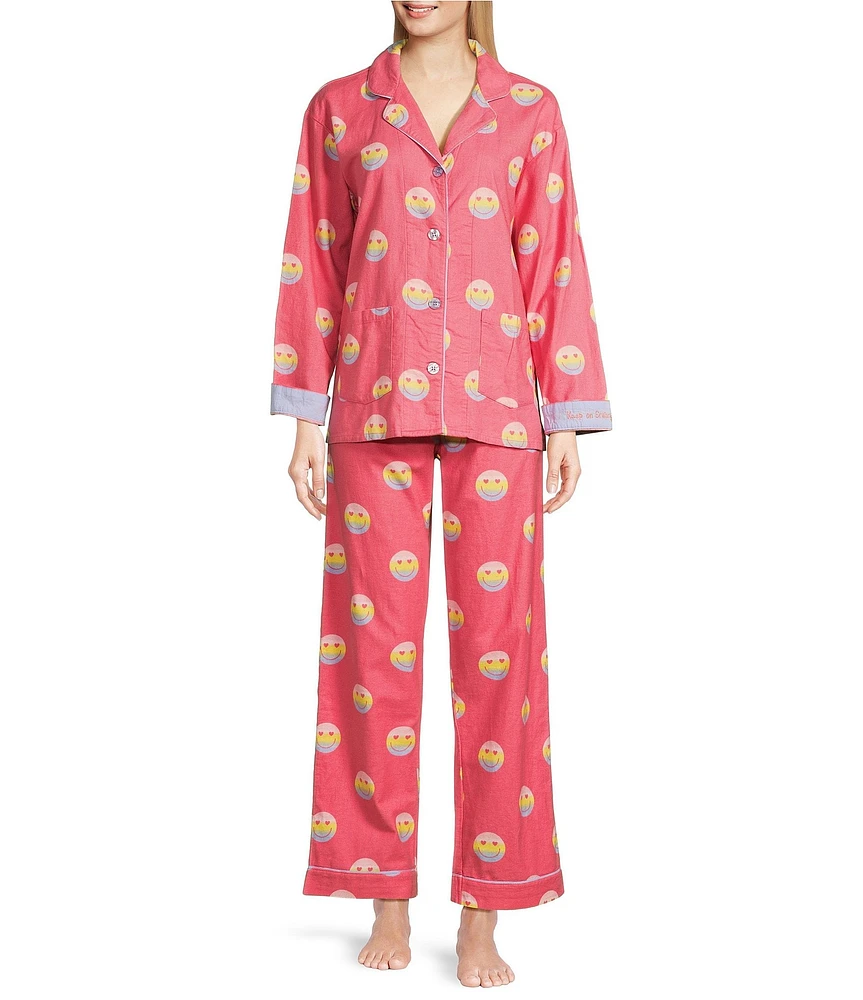 PJ Salvage Smiley Face Print #double;Keep on Smiling#double; Embroidered Long Sleeve Notch Collar Flannel Pajama & Headband Holiday Set