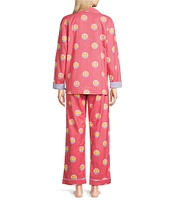 PJ Salvage Smiley Face Print #double;Keep on Smiling#double; Embroidered Long Sleeve Notch Collar Flannel Pajama & Headband Holiday Set