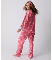 PJ Salvage Smiley Face Print #double;Keep on Smiling#double; Embroidered Long Sleeve Notch Collar Flannel Pajama & Headband Holiday Set