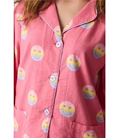 PJ Salvage Smiley Face Print #double;Keep on Smiling#double; Embroidered Long Sleeve Notch Collar Flannel Pajama & Headband Holiday Set