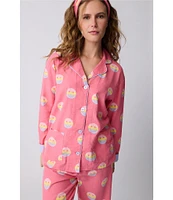 PJ Salvage Smiley Face Print #double;Keep on Smiling#double; Embroidered Long Sleeve Notch Collar Flannel Pajama & Headband Holiday Set