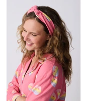 PJ Salvage Smiley Face Print #double;Keep on Smiling#double; Embroidered Long Sleeve Notch Collar Flannel Pajama & Headband Holiday Set