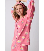 PJ Salvage Smiley Face Print #double;Keep on Smiling#double; Embroidered Long Sleeve Notch Collar Flannel Pajama & Headband Holiday Set