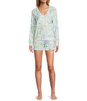 PJ Salvage Tropical Palm Print Peachy Knit Coordinating Drawstring Tie Sleep Shorts