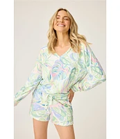 PJ Salvage Tropical Palm Print Peachy Knit Coordinating Drawstring Tie Sleep Shorts