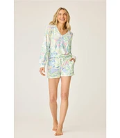 PJ Salvage Tropical Palm Print Peachy Knit Coordinating Drawstring Tie Sleep Shorts
