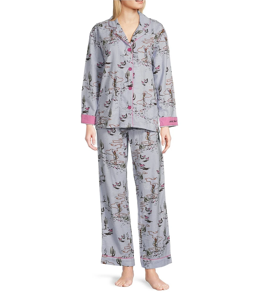 PJ Salvage Western Print #double;Wild Heart#double; Embroidered Long Sleeve Notch Collar Flannel Pajama & Headband Holiday Set