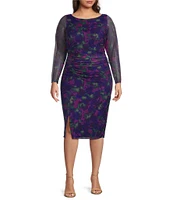 Plus Size Floral Mesh Boat Neck Long Sleeve Bodycon Midi Dress