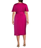 Plus Size Satin V-Neck Short Flutter Sleeve Midi Wrap Dress