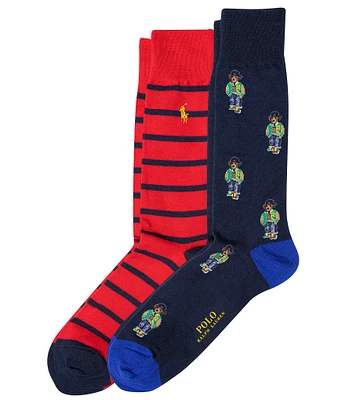 Polo Ralph Lauren Big & Tall Heritage Icon Mini Bear/Striped Crew Socks 2-Pack