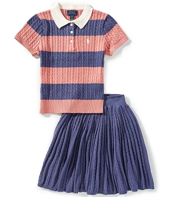Polo Ralph Lauren Big Girls Short Sleeve Striped Mini-Cable Polo Sweater & Solid Skirt Set