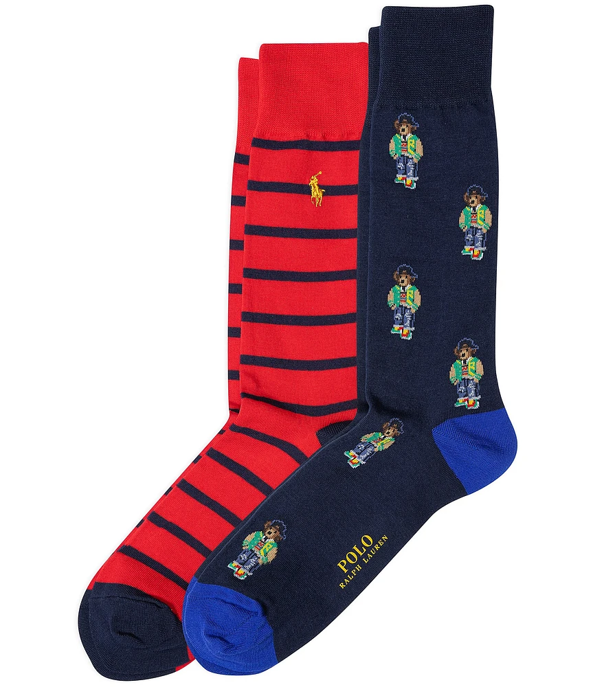 Polo Ralph Lauren Heritage Icon Mini Bear/Striped Crew Socks 2-Pack