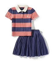Polo Ralph Lauren Little Girls Short Sleeve Striped Mini-Cable Polo Sweater & Solid Skirt Set
