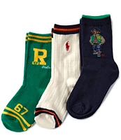 Polo Ralph Lauren Little/Big Boys 4-11 Back To School Bear Assorted Crew-Length Sock 3-Pack