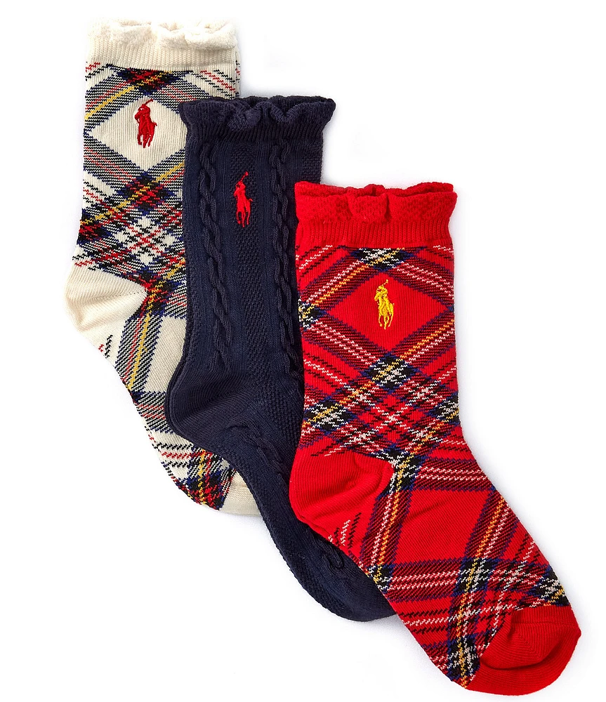 Polo Ralph Lauren Little/Big Girls 4-11 Cabled/Plaid Crew-Length Socks 3-Pack