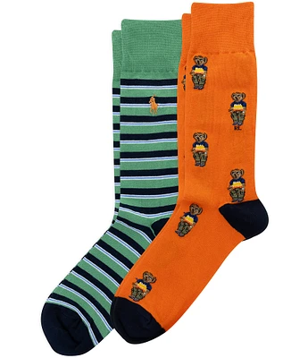 Polo Ralph Lauren Mini Surf Bear/Striped Crew Socks 2-Pack