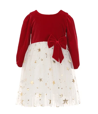 Popatu Little Girls 2-6X Long-Sleeve Velvet-Bodice/Foiled-Star-Patterned Skirted-Overlay Fit-And-Flare Dress