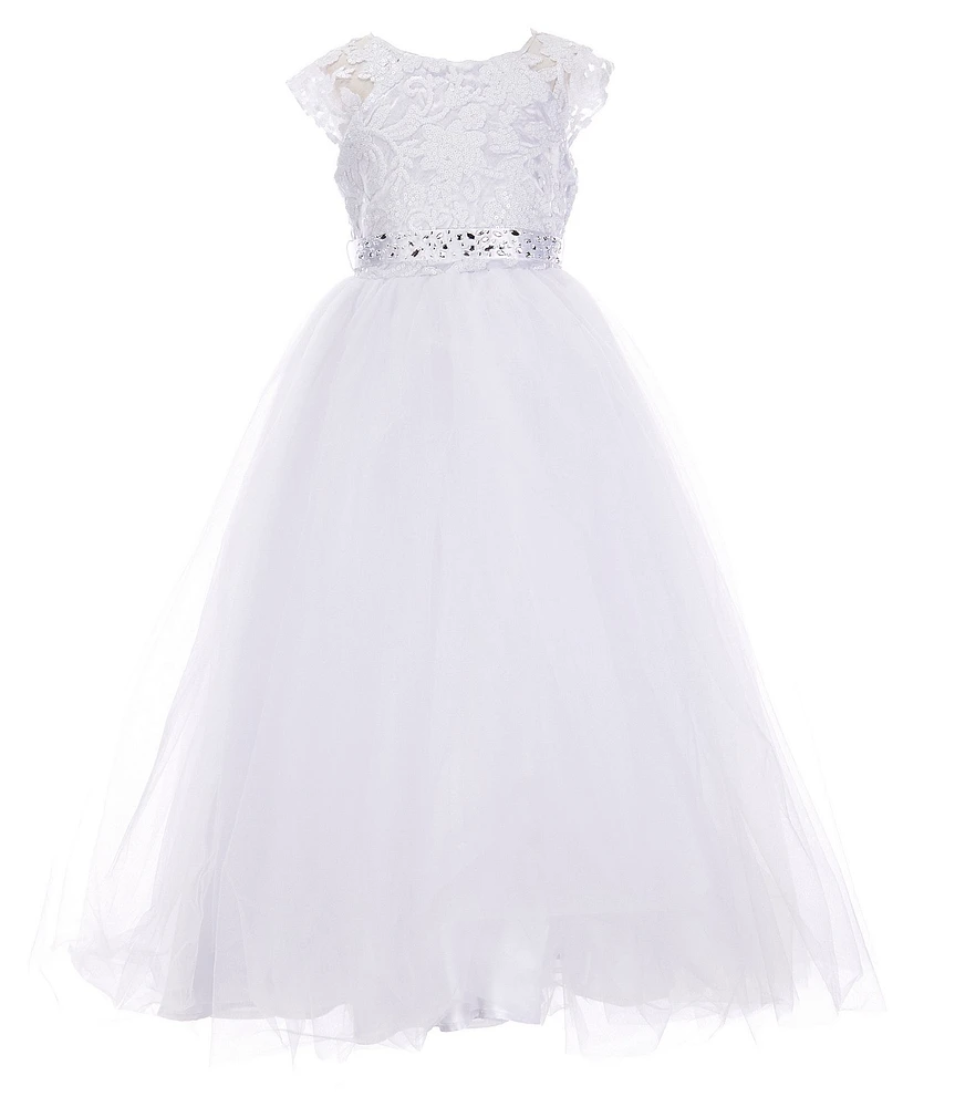 Poppies and Roses Big Girls Cap Sleeve Jeweled Waist Lace-To-Tulle Dress
