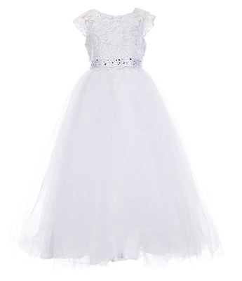 Poppies and Roses Big Girls Cap Sleeve Jeweled Waist Lace-To-Tulle Dress