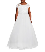 Poppies and Roses Big Girls Cap Sleeve Jeweled Waist Lace-To-Tulle Dress