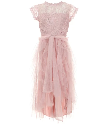 Poppies and Roses Big Girls Flutter-Sleeve Lace-Bodice/Cascading Mesh High-Low-Hem Ballgown