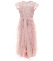 Poppies and Roses Big Girls Flutter-Sleeve Lace-Bodice/Cascading Mesh High-Low-Hem Ballgown
