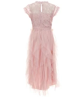 Poppies and Roses Big Girls Flutter-Sleeve Lace-Bodice/Cascading Mesh High-Low-Hem Ballgown