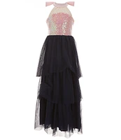 Poppies and Roses Big Girls 7-16 Halter-Neck Sequin-Embellished Bodice/Sheer-Overlay-Skirted Ballgown