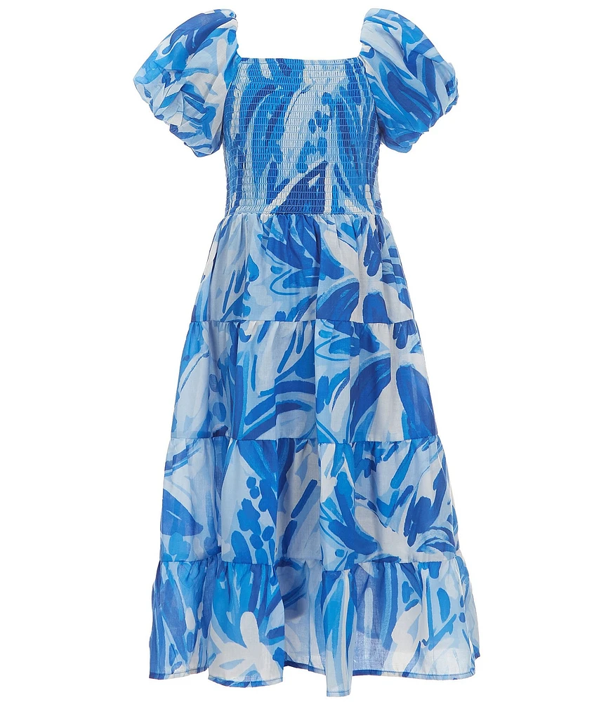 Poppies and Roses Big Girls 7-16 Short Puff Sleeve Tropical-Printed Long Dress