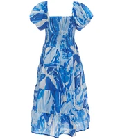 Poppies and Roses Big Girls 7-16 Short Puff Sleeve Tropical-Printed Long Dress