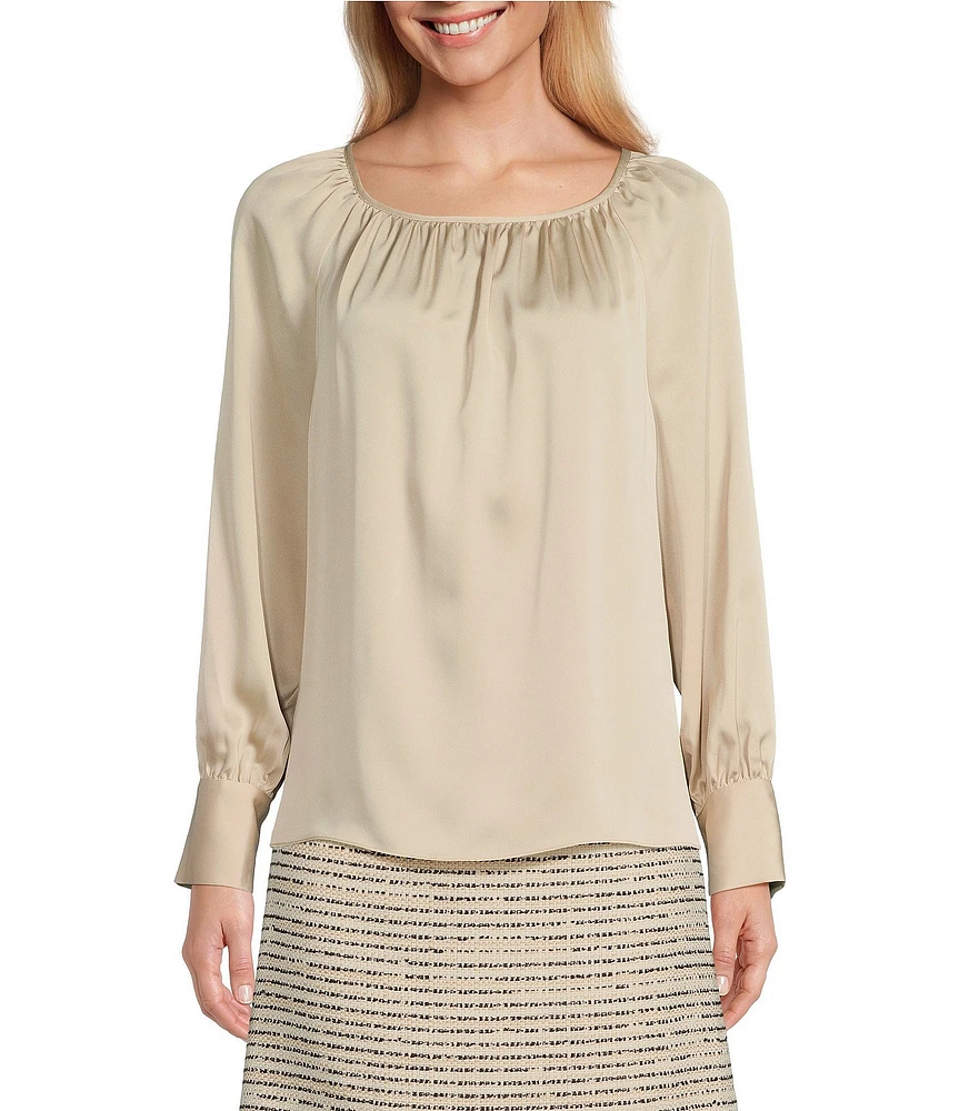 Preston & York Aaliyah Woven Charmeuse Ruched Boat Neck Long Sleeve Button Back Shirttail Blouse