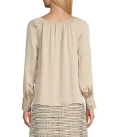 Preston & York Aaliyah Woven Charmeuse Ruched Boat Neck Long Sleeve Button Back Shirttail Blouse