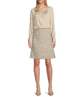 Preston & York Aaliyah Woven Charmeuse Ruched Boat Neck Long Sleeve Button Back Shirttail Blouse