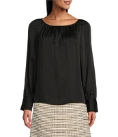 Preston & York Aaliyah Woven Charmeuse Ruched Boat Neck Long Sleeve Button Back Shirttail Blouse