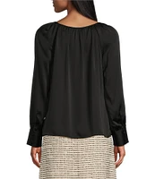 Preston & York Aaliyah Woven Charmeuse Ruched Boat Neck Long Sleeve Button Back Shirttail Blouse