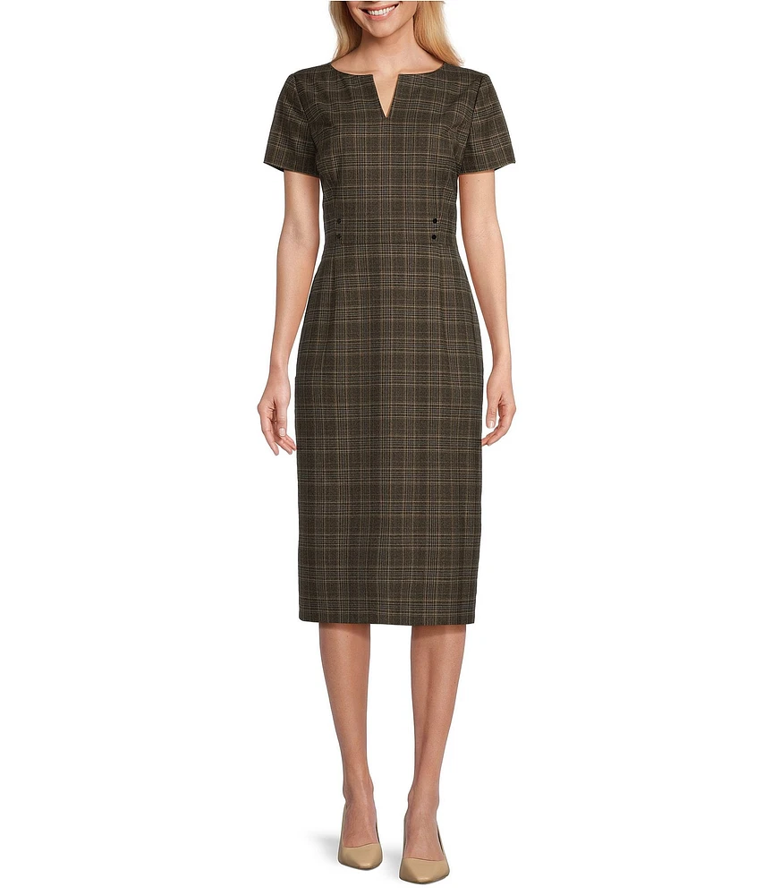 Preston & York Blake Glen Plaid Split V-Neck Short Sleeve Midi Length Sheath Dress