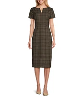 Preston & York Blake Glen Plaid Split V-Neck Short Sleeve Midi Length Sheath Dress