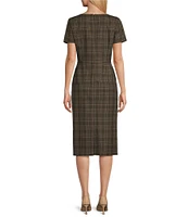 Preston & York Blake Glen Plaid Split V-Neck Short Sleeve Midi Length Sheath Dress