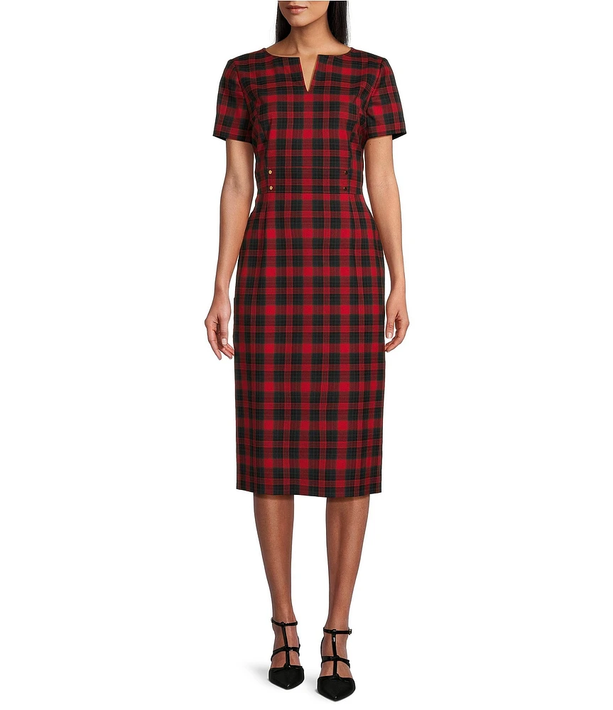 Preston & York Blake Woven Tartan Plaid Split V-Neck Short Sleeve Midi Length Sheath Dress