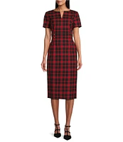 Preston & York Blake Woven Tartan Plaid Split V-Neck Short Sleeve Midi Length Sheath Dress